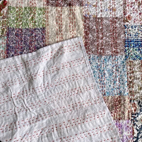 Kantha Silk Blend Throw Blanket Patchwork Quilt Multicolor  66” x 86” - Picture 12 of 12